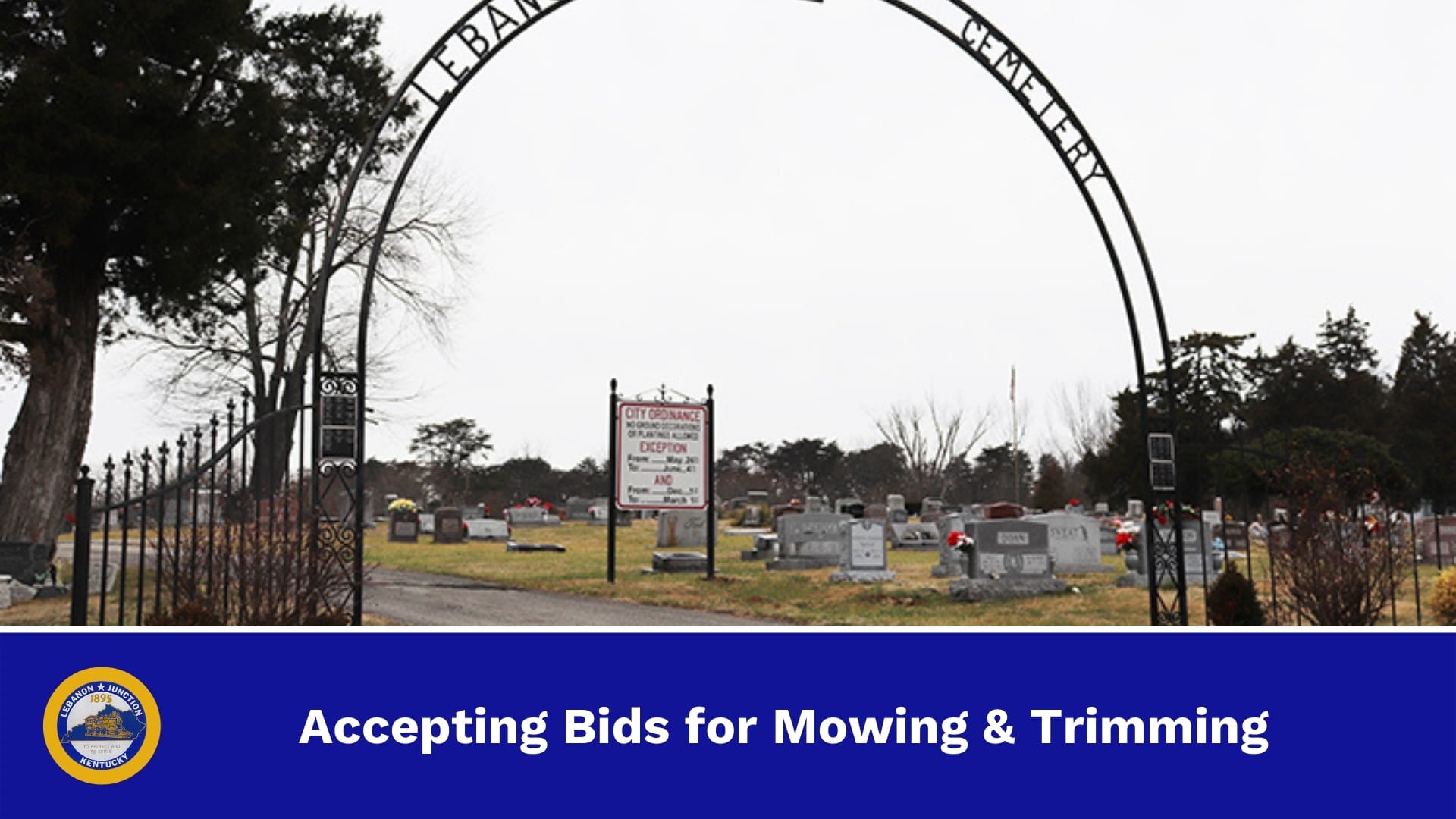 Lebanon Junction Cemetery with 'Accepting Bids for Mowing & Trimming' on image sidebar