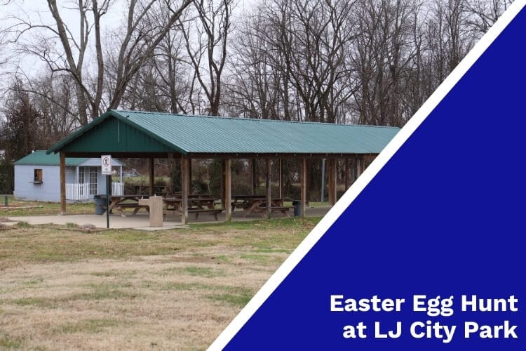 City park pavilion with text overlay that says "Easter egg hunt at LJ city park"
