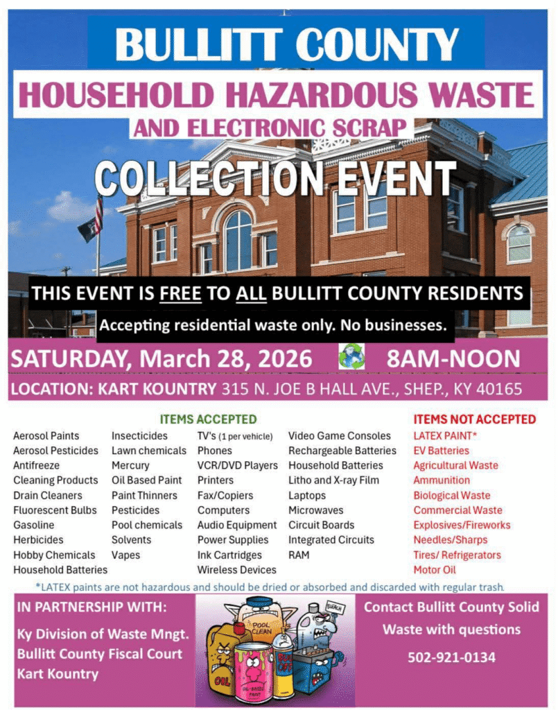 Bullitt County Household Hazardous Waste & Electronic Scrap Collection Event - March 28, 2026 8am-12pm at Kart Kountry
